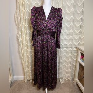 Kate Spade Floral Long Sleeve Maxi V Neck Dress Size 6 Pink Black